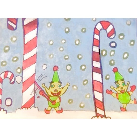 Elves getting ready for Christmas by collecting candy canes in the candy cane forest